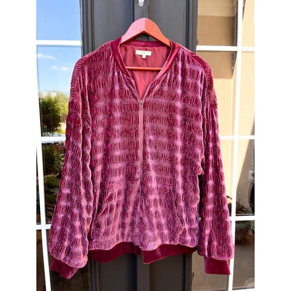 Easel Brand Bomber Jacket Size Large Velvet Burgundy Merlot Rouching Gathers - Picture 1 of 10